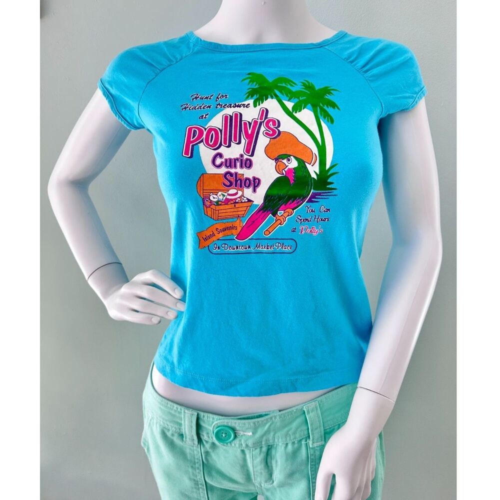 Vintage Y2k Polly's Curio Shop Graphic Tee Turquoise Women's Baby Tee size XS
